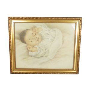 Vintage framed art print "Darling Asleep" Allene J. Love baby infant water color